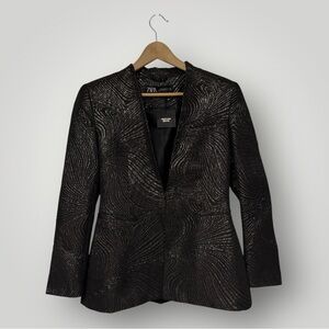 ZARA  GOLD JACQUARD LAPELLESS BLAZER 8073/379 SZ M‎